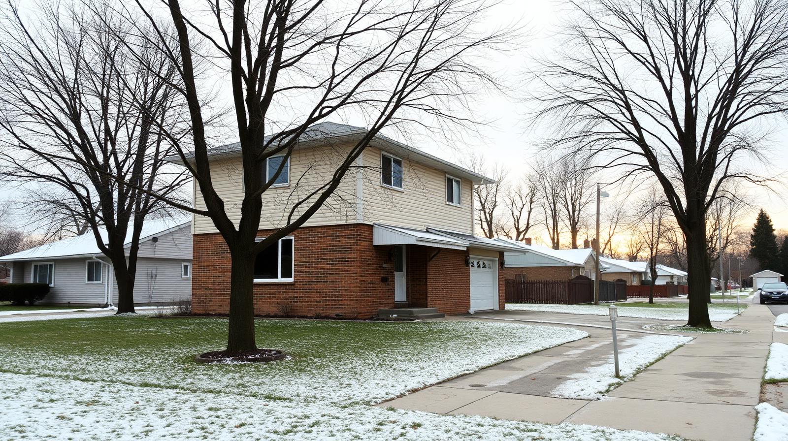 Older two-story Ontario home in a quiet subdivision on a light winter afternoon.