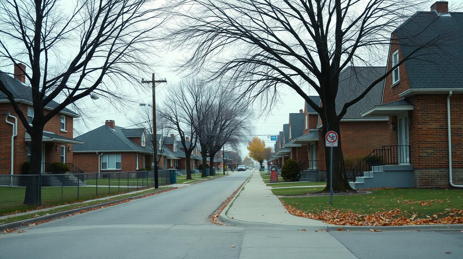 A row of older Ontario semi-detached brick homes on a quiet residential street in late autumn.