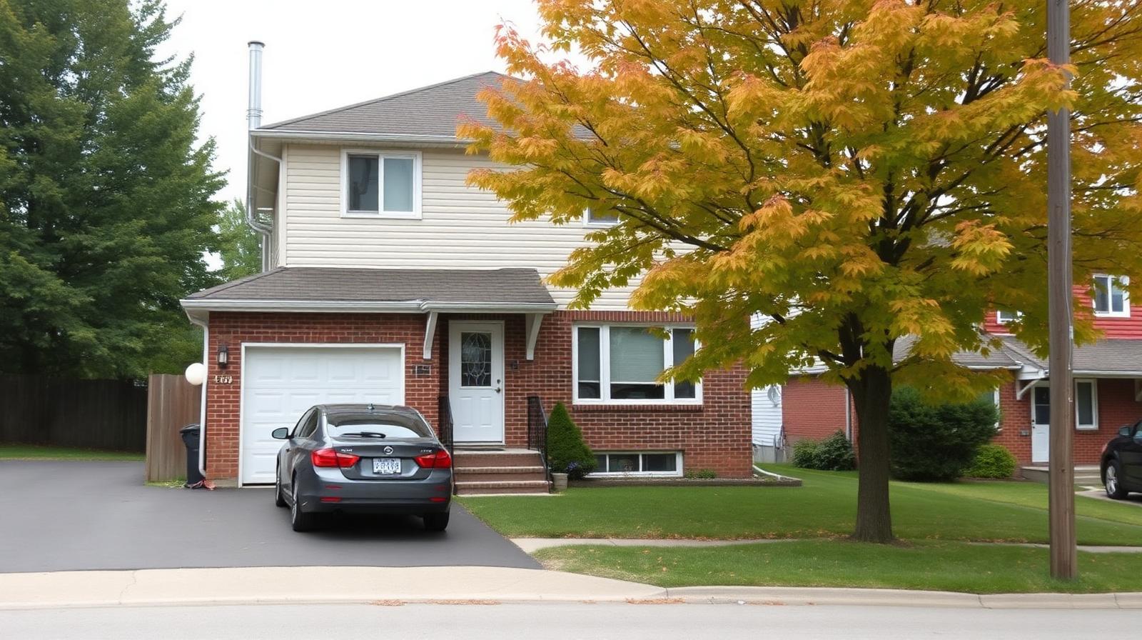 Modest Ontario semi-detached rental home with a driveway, mature maple tree, and quiet residential street on an overcast afternoon.