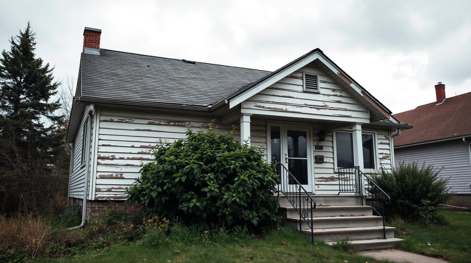Weathered Ontario detached home with peeling paint, aging shingles, and an overgrown front yard under a cloudy sky.