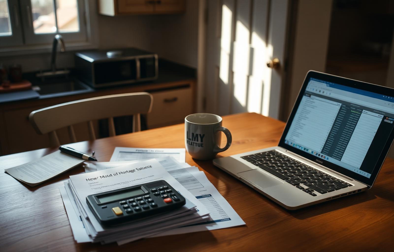 An Ontario kitchen table in soft morning light with mortgage statements, a calculator, a coffee mug, and an open laptop.