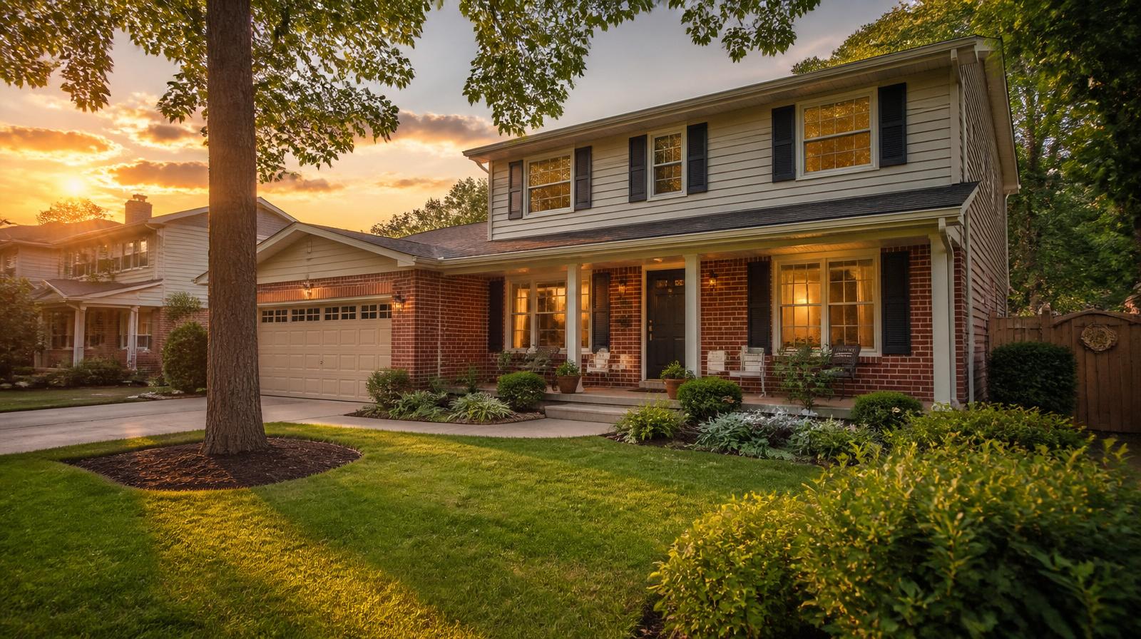 Well-kept Ontario suburban two-story family home at golden hour with warm interior lights and a tidy front lawn.