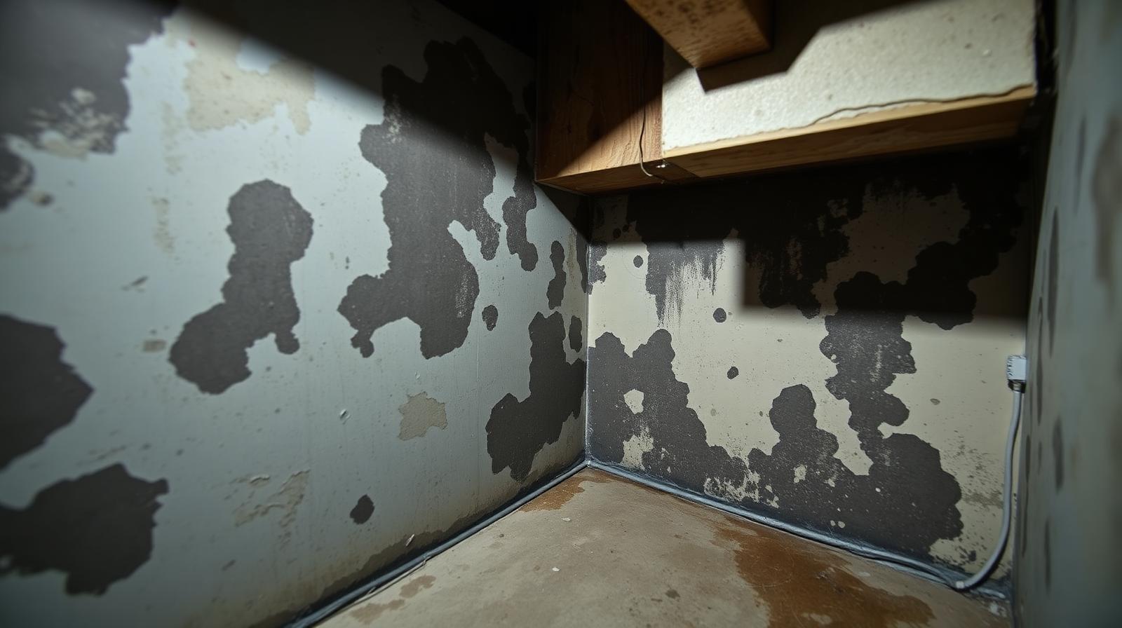 Close-up of dark mold patches on a basement wall in an older Ontario home.
