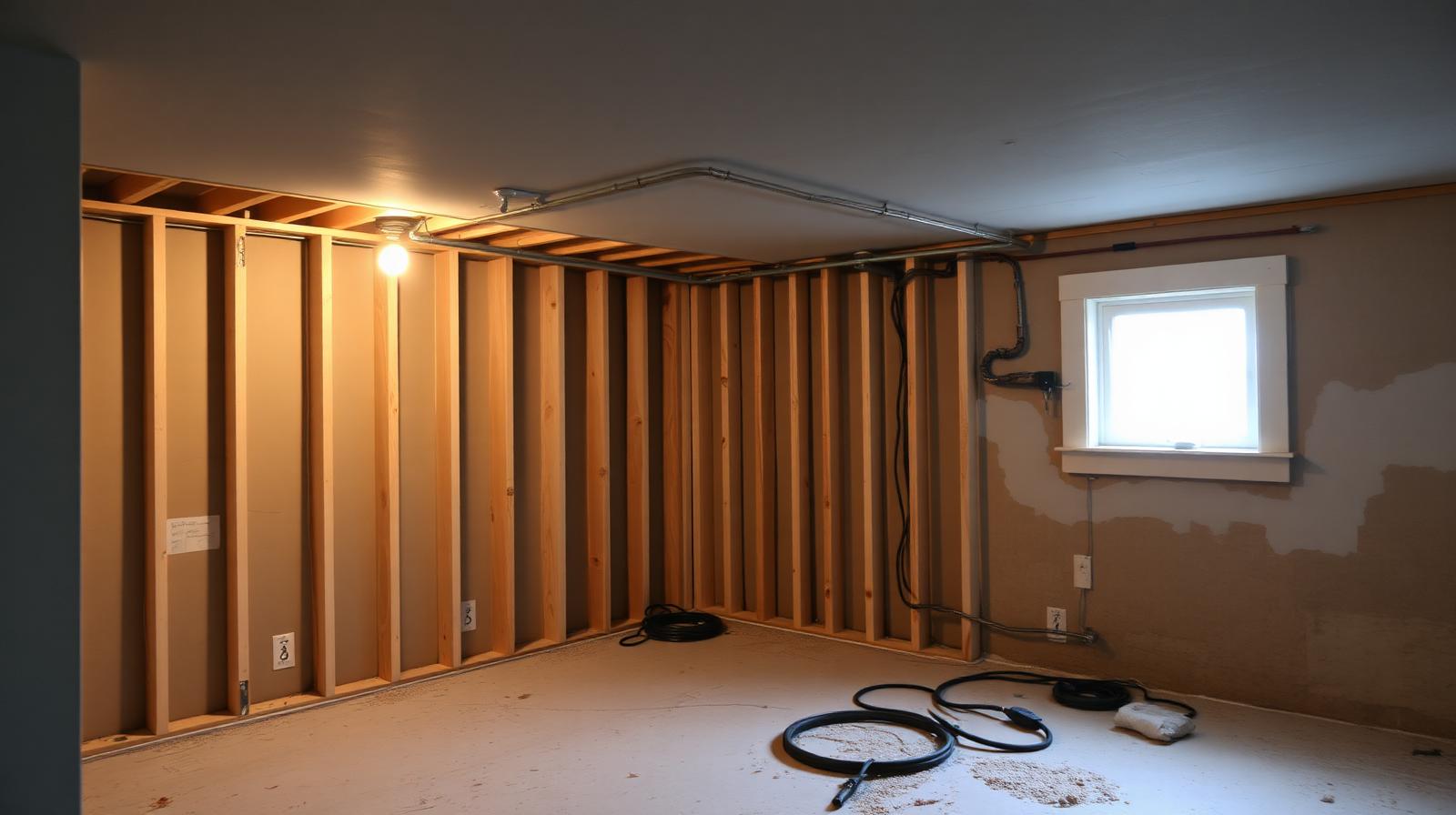 Ontario basement with exposed framing and partially finished electrical work.